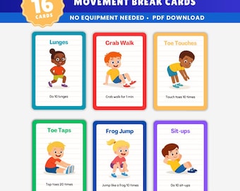 Movement Break Cards for Kids | 16 Printable Exercise Flashcards for Classroom, Brain Breaks & PE (Printable PDF)