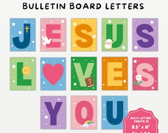 Jesus Loves You Banner Printable | Christian Bulletin Board Letters | Sunday School Classroom Decor | Church Bulletin Board Kit | Kids Bible