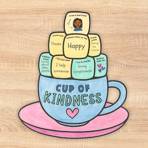 May include: A colorful illustration of a "Cup of Kindness" with a blue cup, pink saucer, and various kindness-themed text blocks. The cup features the words "Cup of Kindness" and a heart. Text blocks include "Happy," "Thanks," and "Giving compliments."