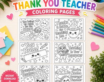 Teacher Coloring Pages Printable | No Prep Last Day of School Gift from Kids | Teacher Appreciation | Cute Kawaii Teacher Gift