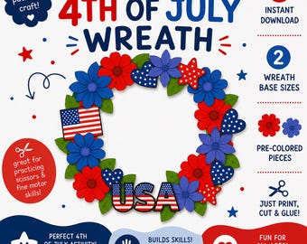 4th of July Wreath Craft for Kids | Patriotic Printable Activity | DIY Paper Wreath | Summer Party Craft | Instant Download