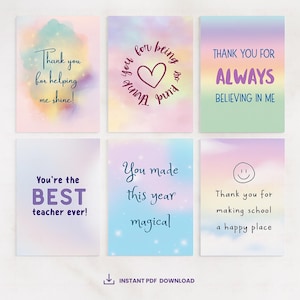 Cartes imprimables de remerciement pour les enseignants - Cartes de remerciement pastel pour les enseignants - 6 mini-cartes - Cadeau de fin d'année pour les enseignants - Téléchargement instantané du PDF