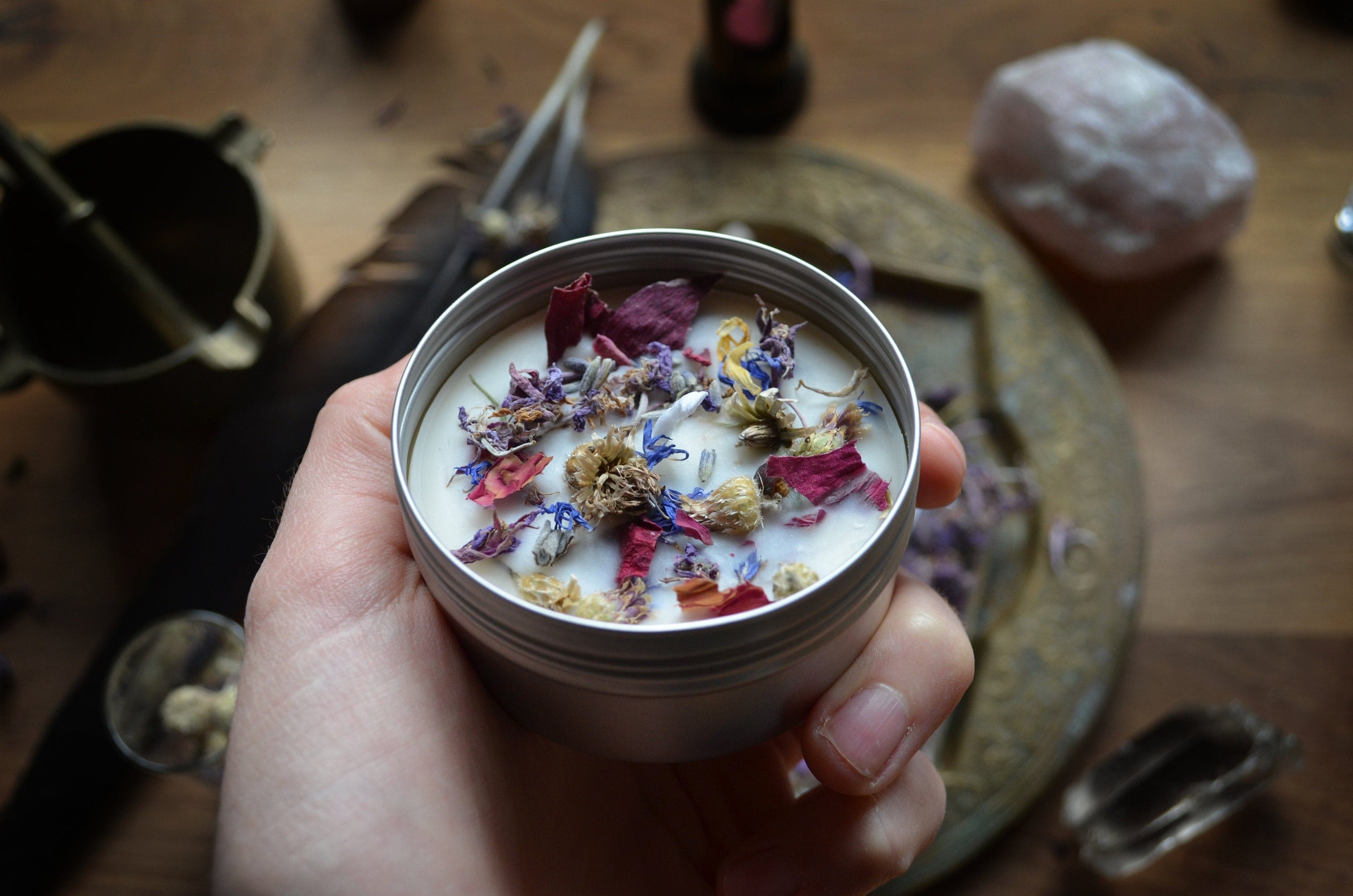 Flower infused witch candle/ Handmade herbal spell candle for witchcraft, wicca, magic, ritual, energy work, meditation/ Vegan non-toxic