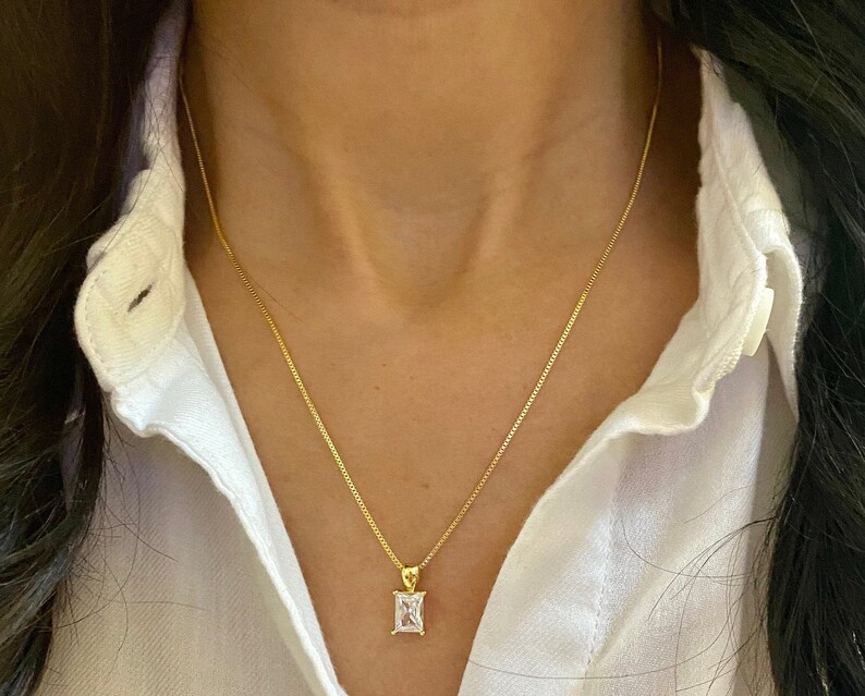 Dainty Gold Rectangle Solitaire Necklace Simple Gold Necklaces Gift for Her Audrey O Collection Gold Filled Necklaces