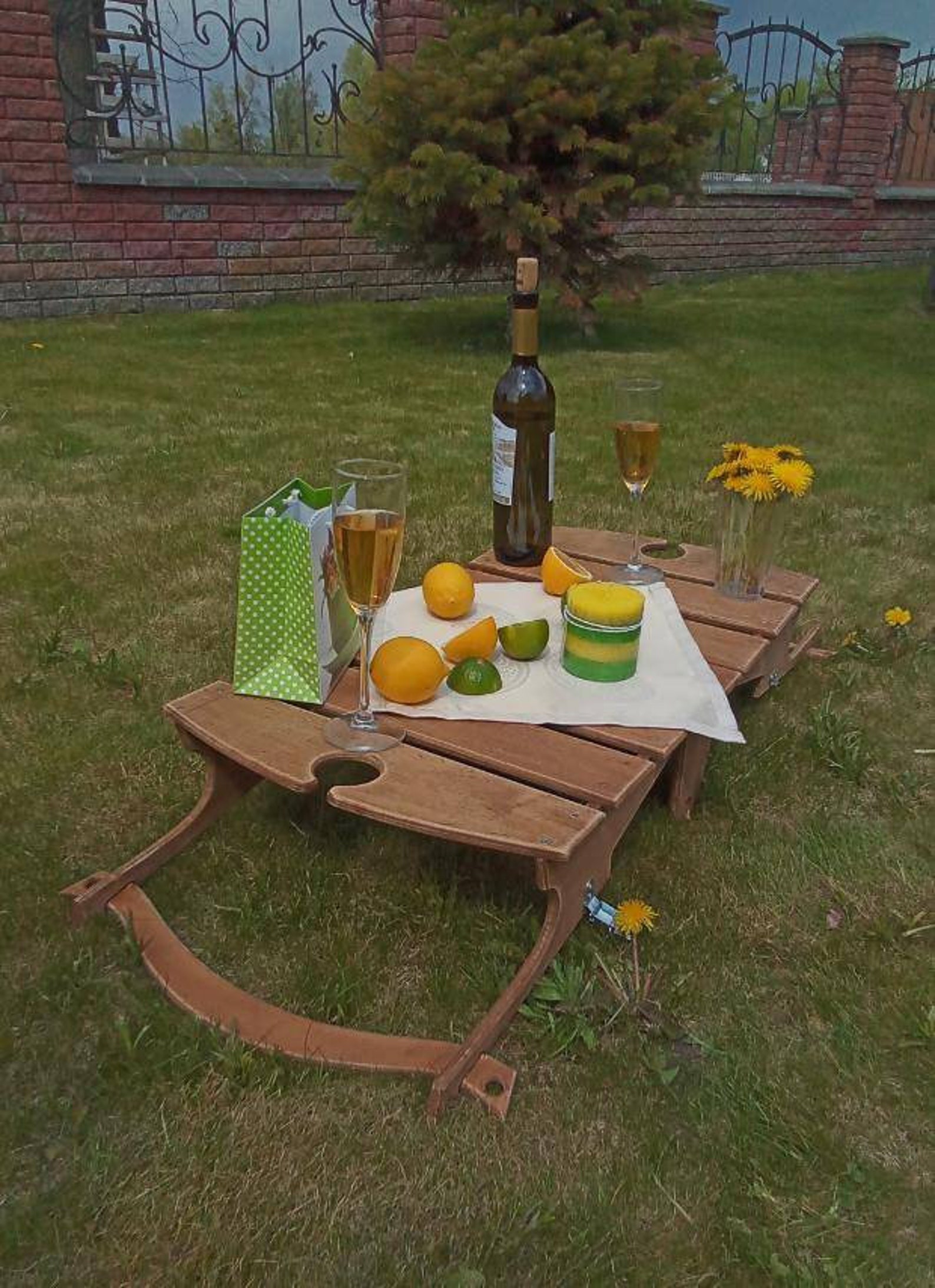 Folding picnic basket table with two glass holders/Folding Etsy