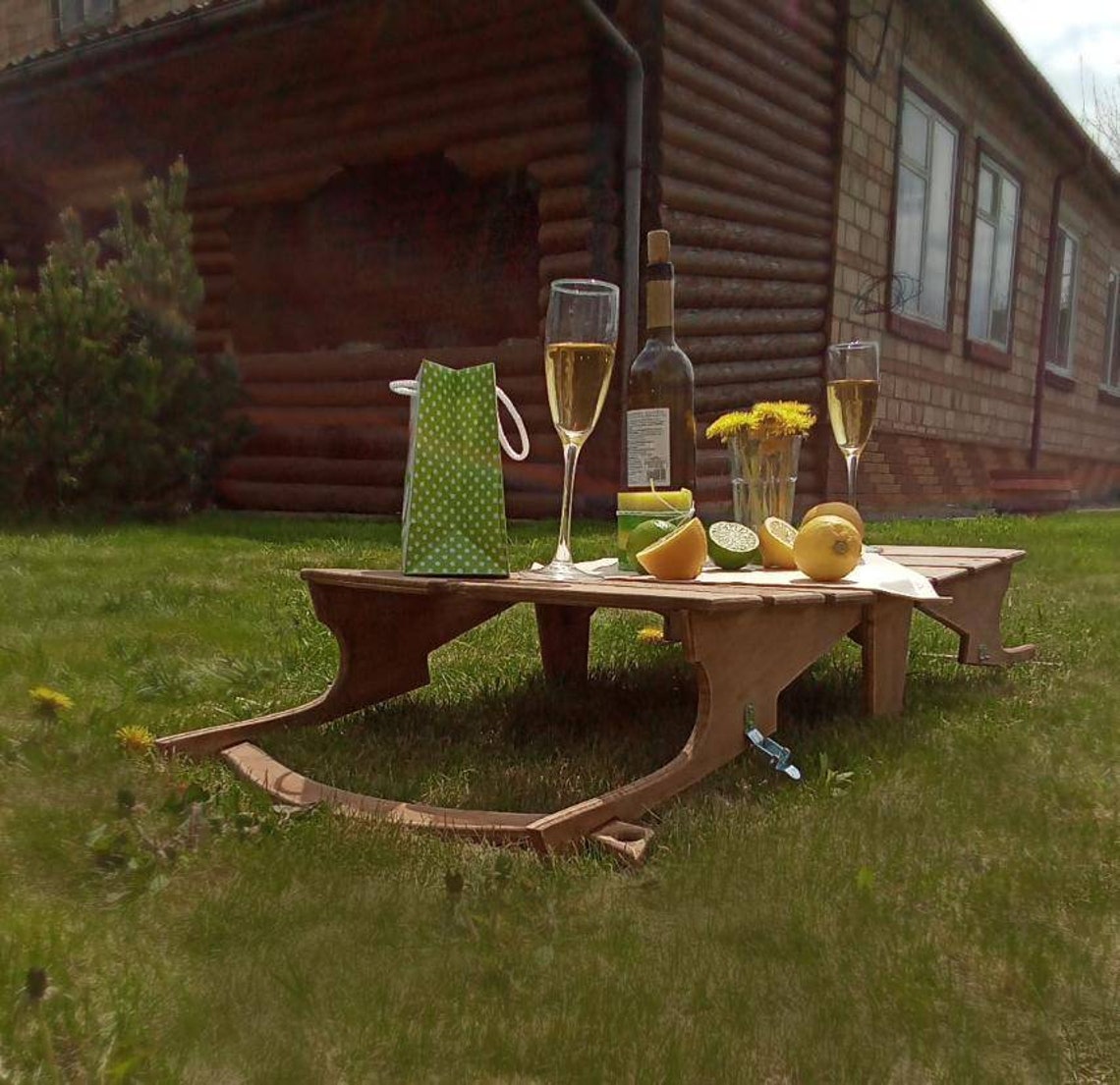 Folding picnic basket table with two glass holders/Folding Etsy