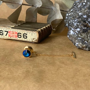 Vintage Art Deco tie tack pin with blue stone, gold tone, men’s, gentlemen’s, valentines, best man, husband gift.