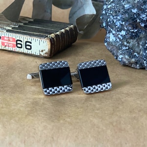 Vintage Cufflinks, silver with black Onyx stone, square, mens gifts, valentines gifts