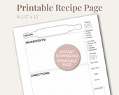 Printable Recipe Page Template | Recipe Binder Insert Card PDF | Kitchen Planner Sheet | Cooking Organizer Printable
