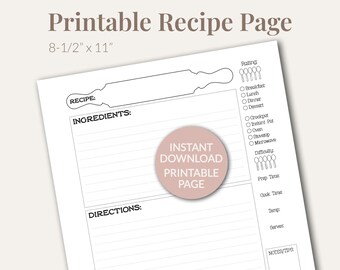 Printable Recipe Page Template | Recipe Binder Insert Card PDF | Kitchen Planner Sheet | Cooking Organizer Printable