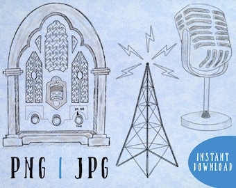 Vintage Radio Clip Art | Retro Radio, Microphone, and Tower Graphic | Jpg & Png Digital Download