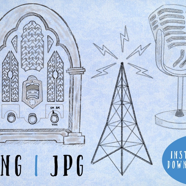 Vintage Radio Clip Art | Retro Radio, Microphone, and Tower Graphic | Jpg & Png Digital Download
