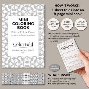 Könnte beinhalten: Ein Mini-Malbuch mit floralem Design, betitelt "ColorFold Floral Fantasy Series No. 1." Das Cover zeigt den Text "Mini Coloring Book" und Anweisungen zum Drucken, Falten und Ausmalen. Das Bild zeigt auch das Buch in einer Hand.