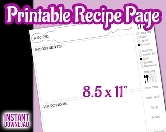 Printable Recipe Page 8.5" x 11" | PDF Instant Digital Download | Kitchen Printables