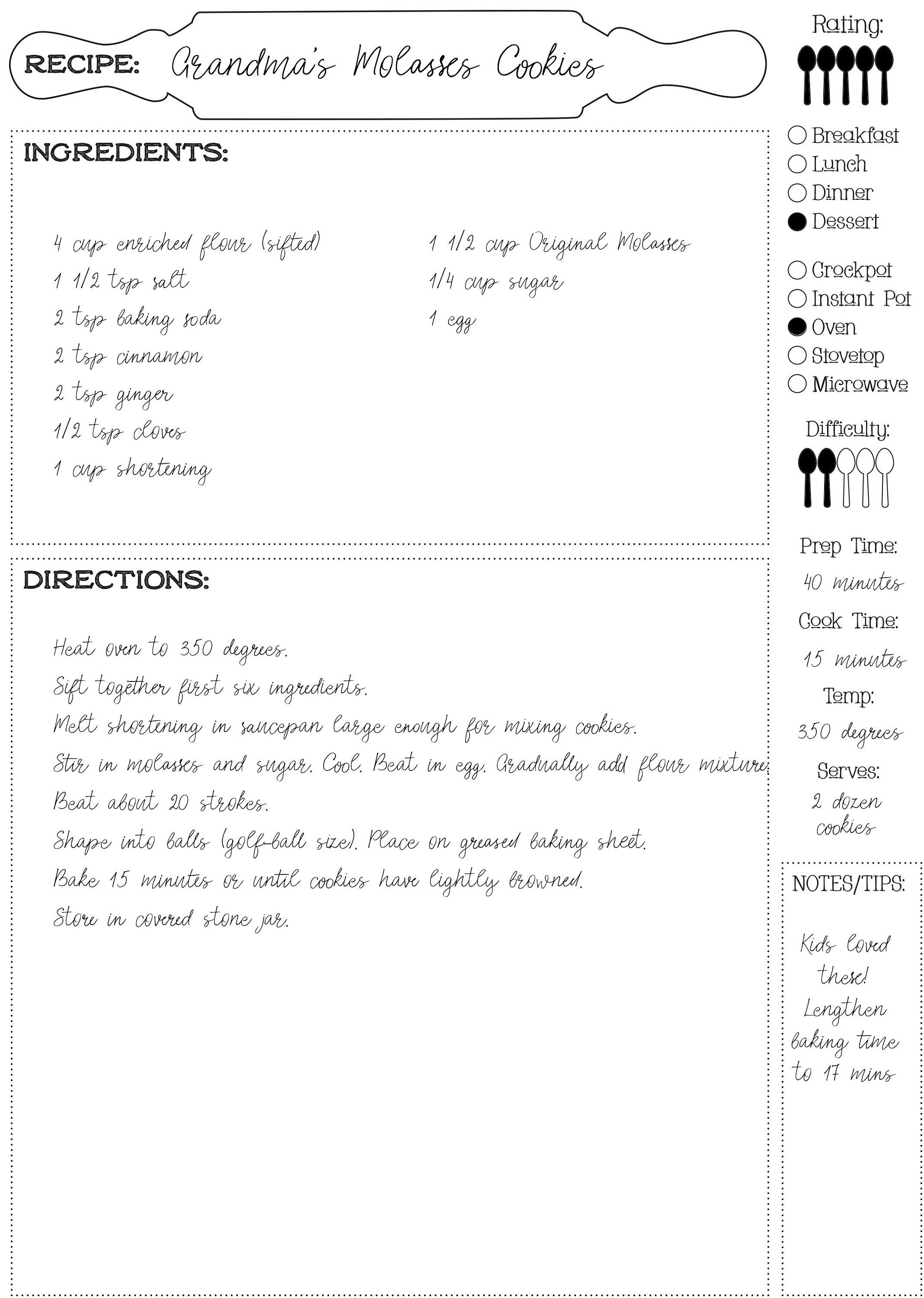 Printable Recipe Page 8.5 X 11 PDF Instant Digital Download Kitchen ...