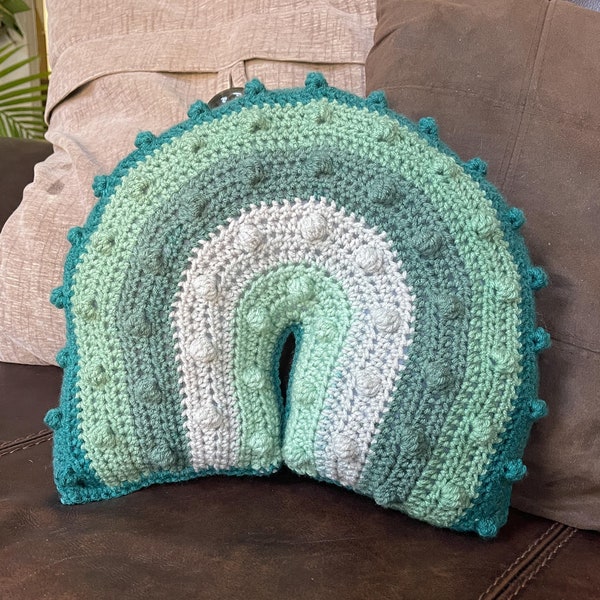 Green Boho Rainbow Pillow: Acrylic Yarn Decorative Pillow