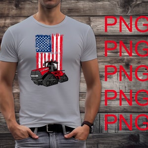 May include: A gray t-shirt with a distressed American flag design and a red tractor with tracks. The tractor has the words "New Holland" on the side.