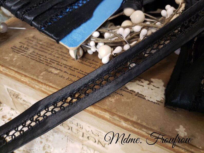 Lamp Trim 1920s *BY the HALF YARD* French Lace Antique Black Satin Ribbon Costumes Hat Band