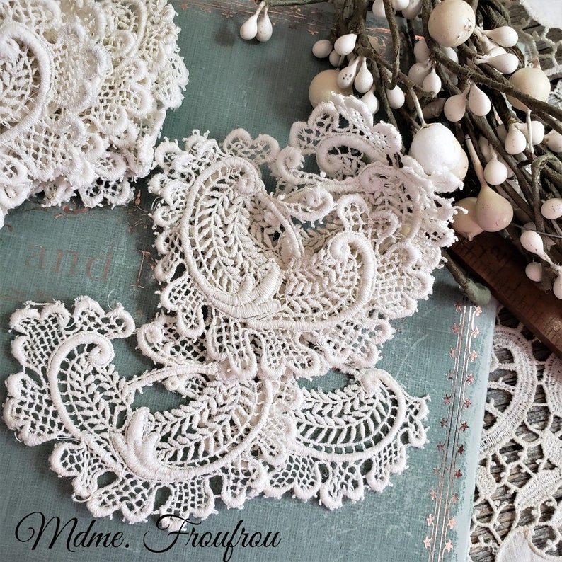 Antique Embroidered Applique Handmade Insertion Pieces Warm White Ivory Paisley Shaped Set of 3
