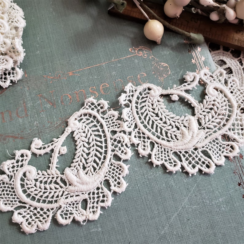 Antique Embroidered Applique Handmade Insertion Pieces Warm White Ivory Paisley Shaped Set of 3