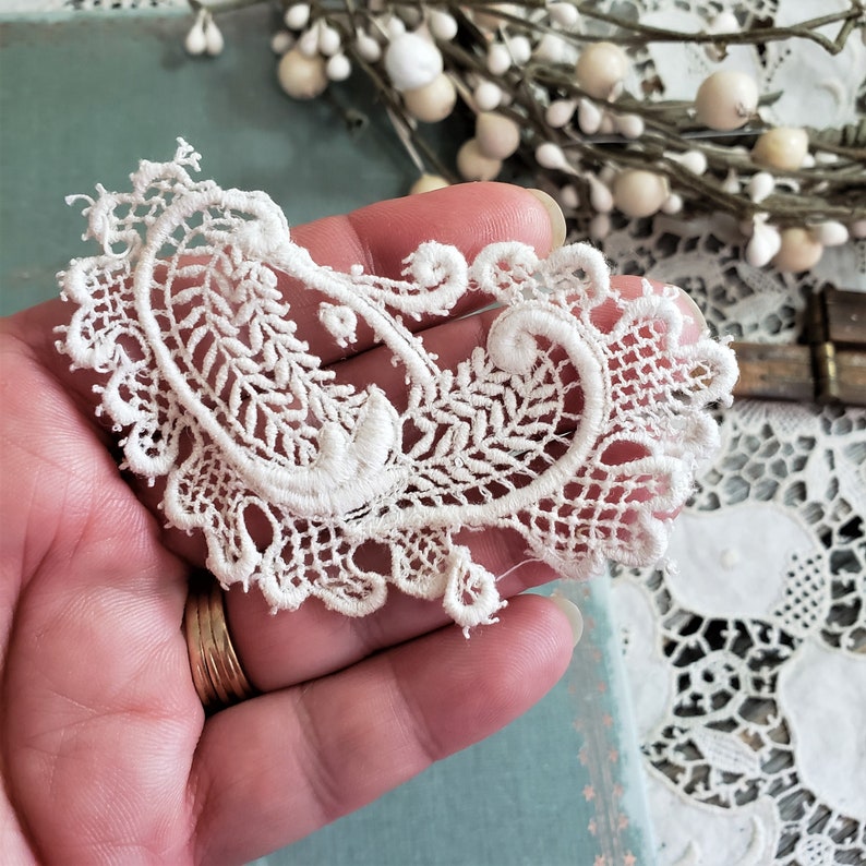 Antique Embroidered Applique Handmade Insertion Pieces Warm White Ivory Paisley Shaped Set of 3