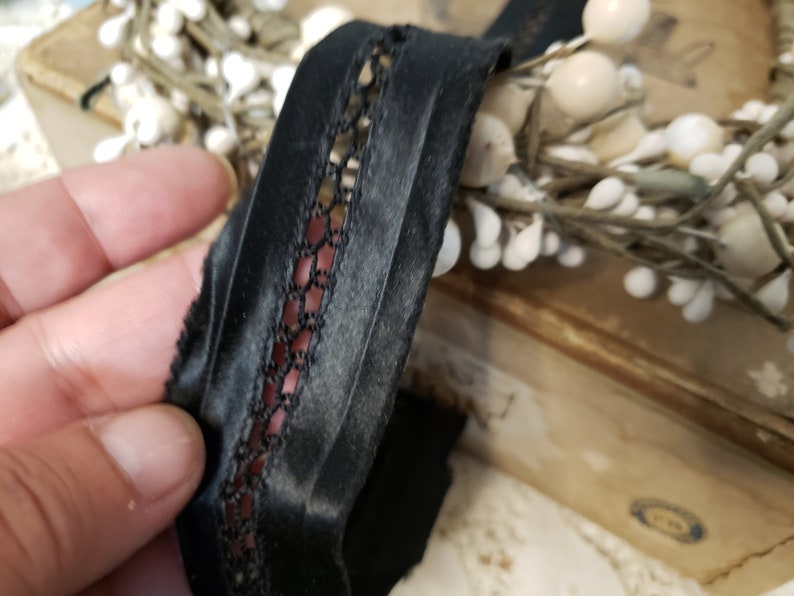 Lamp Trim 1920s *BY the HALF YARD* French Lace Antique Black Satin Ribbon Costumes Hat Band