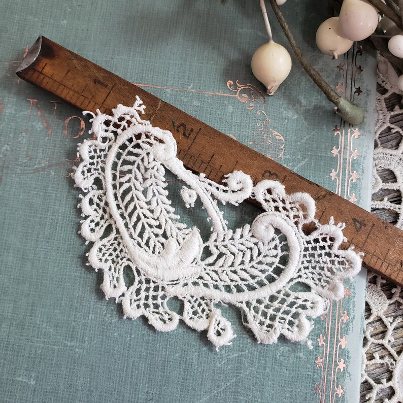 Antique Embroidered Applique Handmade Insertion Pieces Warm White Ivory Paisley Shaped Set of 3