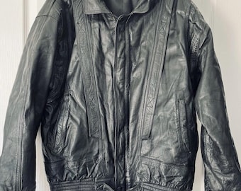 Giacca da motociclista in vera pelle vintage Cuir L-XL, foderata sul petto, con cerniera e fibbia, 48"