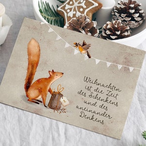 CHRISTMAS CARD Watercolor HANDMADE Fox and Bird