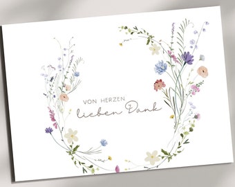 Dankeskarte „ von Herzen lieben Dank “ Aquarell Wildblumen Wiesenblumen