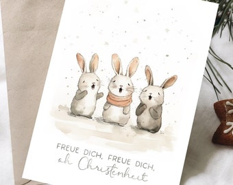 Weihnachtskarte Hasen  „  Freue Dich , oh Christenheit “ A6 Faltkarte oder Postkarte