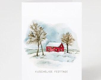 CHRISTMAS CARD A6 “Cuddly Holidays” folding card watercolor house Nordic