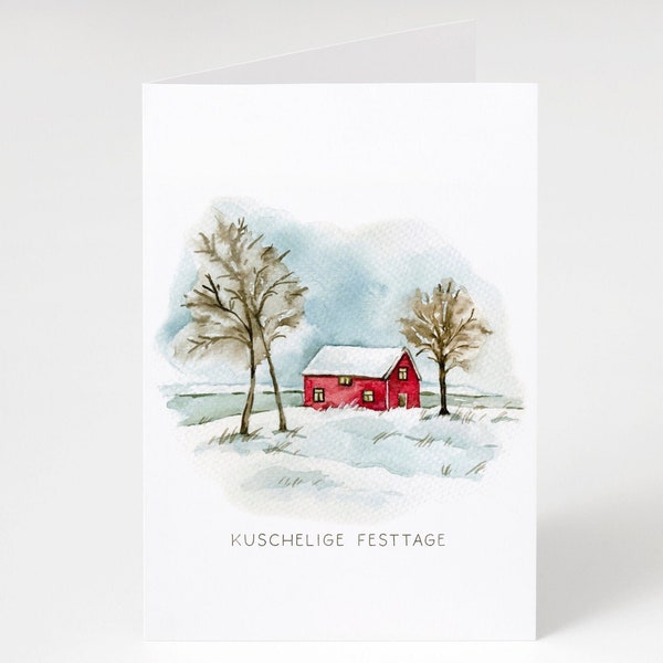 WEIHNACHTSKARTE A6  „ Kuschelige Festtage “ Faltkarte Aquarell Haus nordisch