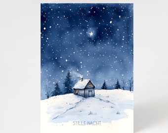 WEIHNACHTSKARTE A6  „ Stille Nacht“ Nordstern Polarstern Aquarell