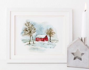 Postkarte A6 Aquarell Winterlandschaft Hütte skandinavisch Weihnachtskarte Schneelandschaft Schnee