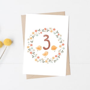 Greeting card 3rd birthday A6 with envelope watercolor chicks boys and girls folding card neutral