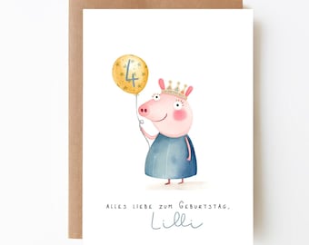 Personalisierte Geburtstagskarte „ Glücks-Schweinchen “, A6 Faltkarte Klappkarte