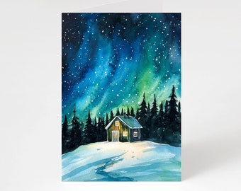 WEIHNACHTSKARTE A6  „ Nordlichter “ Aquarell