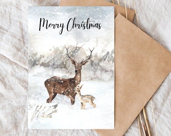 CHRISTMAS CARD Watercolor HANDMADE Deer Deer Snow Scandinavian Fawn