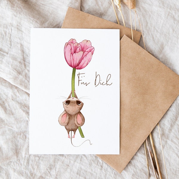 Grußkarte „Für Dich“  Illustration Aquarell Maus mit Tulpe