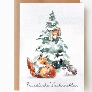Weihnachtskarte Fuchs Igel Eichhörnchen - friedliche Weihnachten - A6 Klappkarte - Aquarell - Illustration