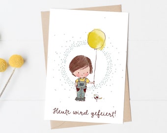 Geburtstagskarte “Heute wird gefeiert“ Junge mit Luftballon A6 Illustration Klappkarte