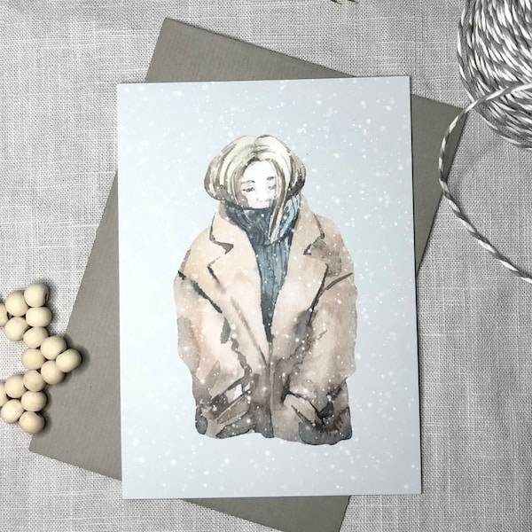 Postkarte A6 Aquarell Winter Girl schlicht skandinavisch neutral Weihnachtskarte modern Boho Schnee