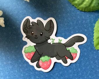 Cute Cat with Strawberries Sticker | Cat Sticker | Strawberry Sticker | Adorable Cat Sticker | Black Cat Sticker