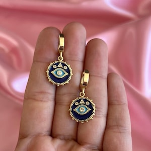 Evil Eye Dangle Ear Huggies, 14kt Gold Plate, Small Tiny Hoops, Mal De Ojo Azul, Turkish Evil Eye, Protection Talisman, Minimalist Jewelry