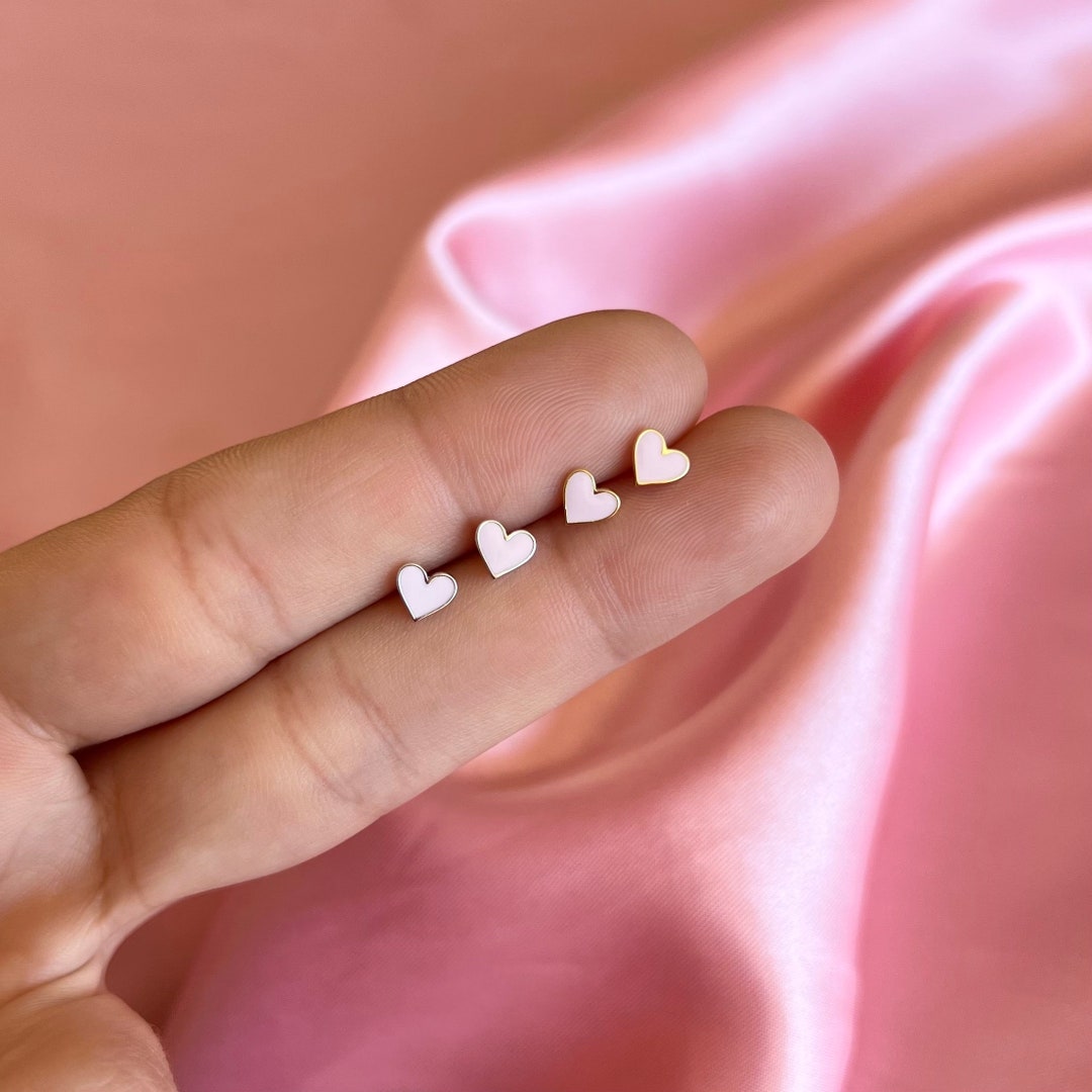 Tiny Pink Stud Heart Earrings, 14kt Gold Vermeil, .925 Sterling Silver