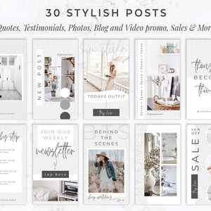 May include: A collection of 30 stylish social media post templates. The templates include quotes, testimonials, photos, blog and video promos, and sales announcements. Each template features a clean, minimalist design with neutral colors and elegant typography.