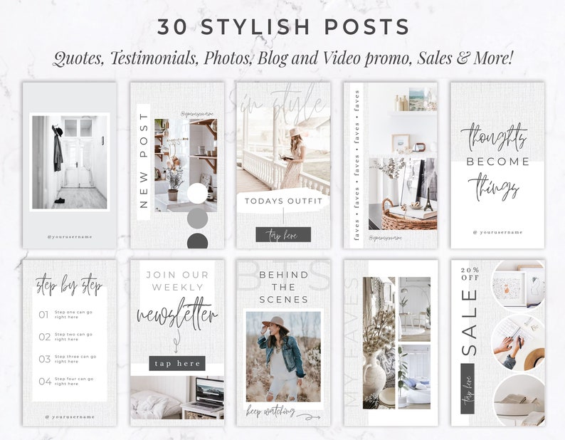 May include: A collection of 30 stylish social media post templates. The templates include quotes, testimonials, photos, blog and video promos, and sales announcements. Each template features a clean, minimalist design with neutral colors and elegant typography.