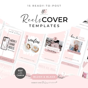 May include: A collection of 15 ready-to-post Reels cover templates in a soft pink and white color scheme. The templates feature various designs with text such as "How I Make Reels" and "Must Have Travel Items". The design includes the text "Edit with Canva".