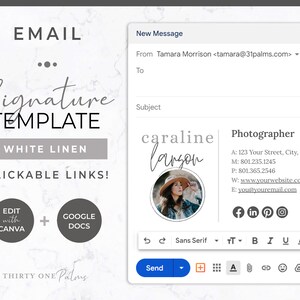 Email Signature Template for Canva - Google Docs, Clickable Links, Canva Template, Email Template, Signature Gmail Outlook, White Linen